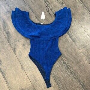 NWT LULUMARI RUFFLED BODYSUIT IN BLUE SIZE LARGE